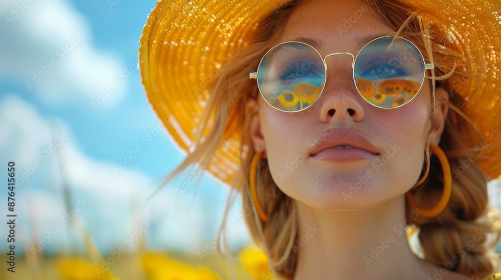 Canvas Prints Young Woman Wearing Yellow Hat and Sunglasses Outdoors