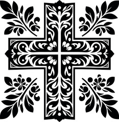 Cross decorative Floral design Silhouette Motif Pattern, Holy cross with Flower design elements sihloette pattern black and white 
