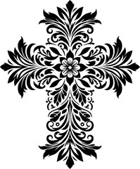 Cross decorative Floral design Silhouette Motif Pattern, Holy cross with Flower design elements sihloette pattern black and white 
