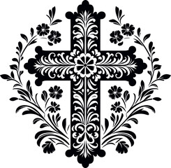 Cross decorative Floral design Silhouette Motif Pattern, Holy cross with Flower design elements sihloette pattern black and white 
