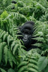 Obraz premium Portrait of a wild mountain gorilla in the lush green foliage of the jungle