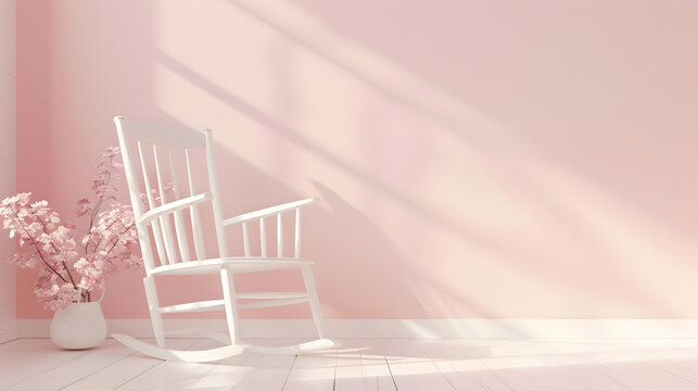 White wooden rocking chair and a pot with pink cherry tree flowers in a light pink painted room. Sunlight shadow. Copy space for text.