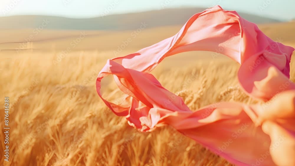 Poster slightly tattered fabric ribbons swaying in the wind creating a whimsical scene in a wheat field.