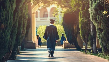 Graduate walking down a tree-lined path towards a university building in the sunlight.