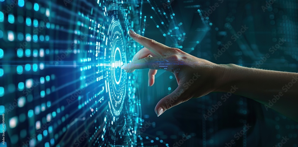 Poster futuristic interface with a person's hand touching a digital screen