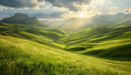 Obraz premium Rolling green hills under a cloudy sky with sun rays breaking through.