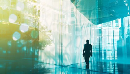 Businessman in suit with cityscape backdrop for stock investment or company growth banner