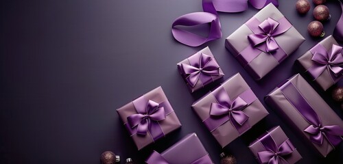 Purple Gift Boxes With Satin Ribbons on a Purple Background