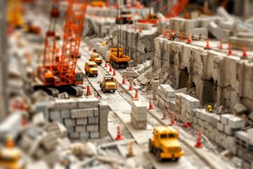 Vibrant miniature construction site in city with cranes, traffic cones, blocks   realistic painting