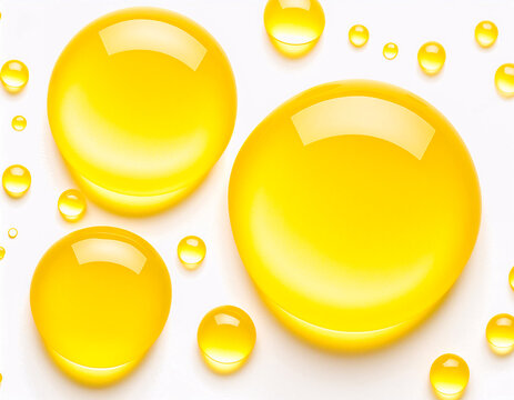 A collection of yellow circle liquid droplets with a white background