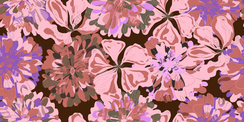 Fantasy stylized blooming floral pattern with assorted flowers seamless endless overlapping pattern rapport vector