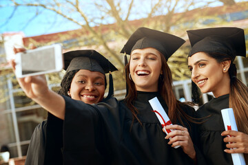 Students, graduation and happy with selfie on campus for celebration and success. People, college...