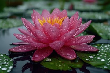 A vibrant pink water lily flower covered in dewdrops sits peacefully on a pond
