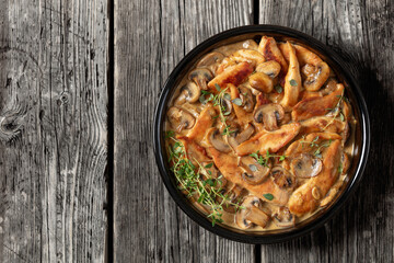 chicken stroganoff in a baking dish, top view