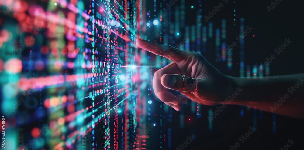 Aufkleber Fingertip Interacting with Futuristic Digital Interface of Streaming Binary Data