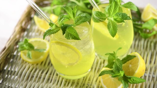 Limoncello Spritz with mint is a light, refreshing, cool cocktail on a tray. Slow motion video. Movement in a circle from right to left.