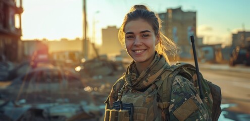 Fototapeta premium Female Soldier Smiling in War-Torn City During Daytime