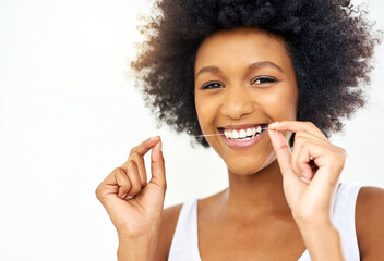 Woman, floss and oral care with teeth, cleaning and dental for mouth in portrait with gum health....