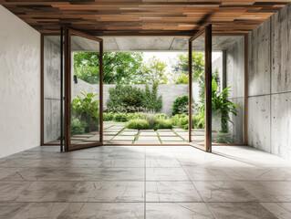 Fototapeta premium A large open space with a view of a garden. The space is empty and has a modern feel