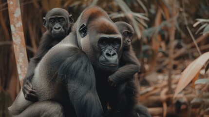Obraz premium Motherly Love in the Jungle: A Gorilla Family's Tender Moment