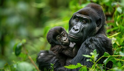 Obraz premium A mother gorilla gazes at her infant in the lush green foliage of the jungle