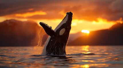 Fototapeta premium Whale breaching at sunset in Alaska