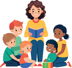 Obraz premium Teacher Reading A Story To Young Children In Classroom