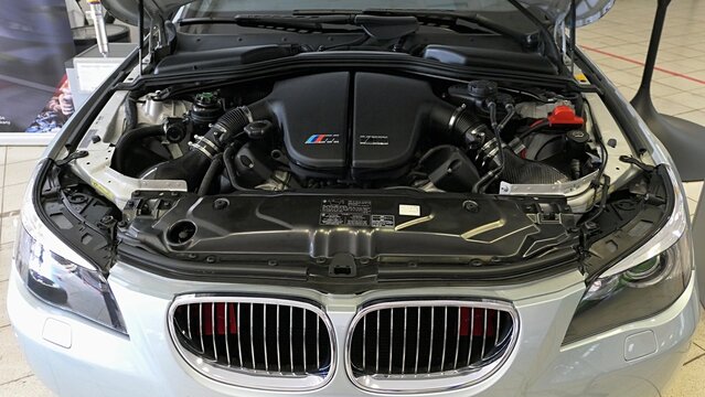 V10 engine of german high performance sports sedan BMW M5 E60 produced in years 2004-2010, displayed on  car and tuning expo in Nitra, Slovakia, june 2024