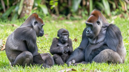 Curious baby gorilla sits between two adult gorillas in the lush green jungle