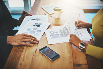 Business hands, documents and signature in meeting for contract, terms and conditions with project...