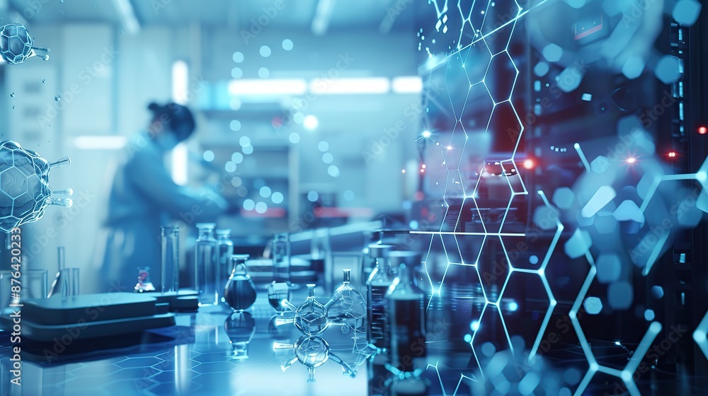 Poster chemistry lab with scientist and futuristic digital interface