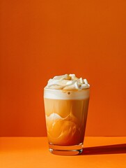 Light Brown Summer Drink on an orange Background with Sunlight and Shadows