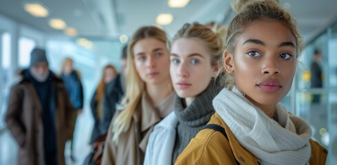 Young Women Standing in Line at an Airport