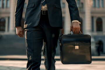 A well-dressed male lawyer holds a briefcase in front of a courthouse, exuding confidence and expertise. The background features a stately courthouse with columns and stairs.