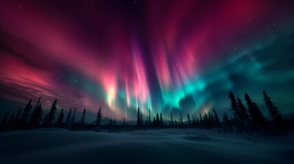 Fototapeta premium Aurora lights illuminate snowy Alaska forest at night
