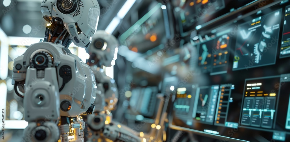 Poster futuristic robotic arms interact in a high-tech laboratory setting