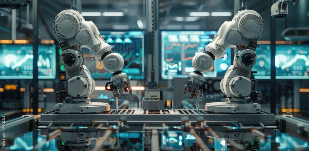 Poster futuristic robotic arms interact in a high-tech laboratory setting