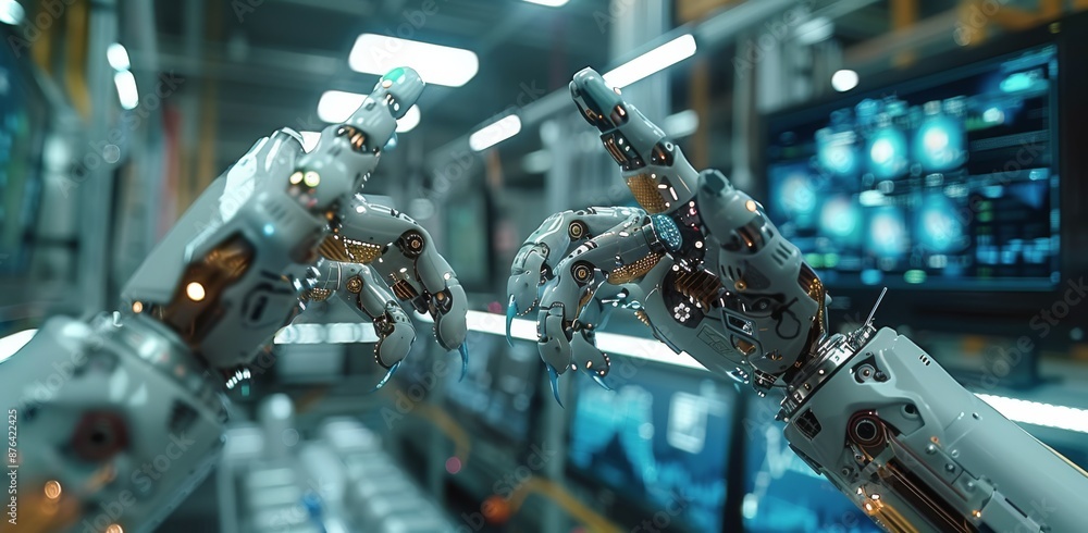 Poster futuristic robotic arms interact in a high-tech laboratory setting