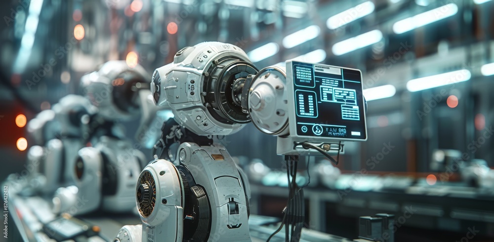 Poster futuristic robotic arms interact in a high-tech laboratory setting