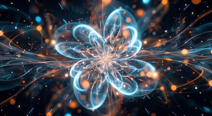 Fototapeta premium A glowing and transparent abstract flower pattern on a black background.