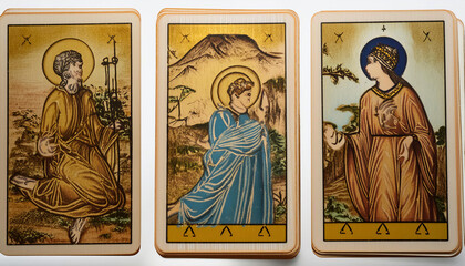 Fototapeta premium Three Medieval Saint Tarot Cards. Religious faith and spirituality