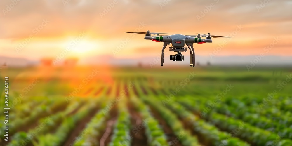 Poster an advanced autonomous robot drone with sensors operates in an agricultural field. concept agricultu
