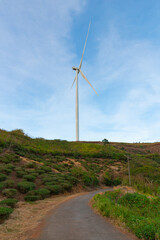 Wind turbine on hillside with road in background, renewable energy source in rural landscape in Da Lat, Lam Dong, Viet Nam