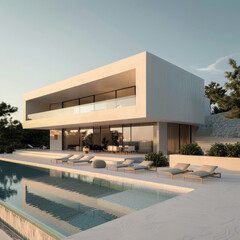 Fototapeta premium A large white house with a pool and a patio. The house is surrounded by trees and has a modern design
