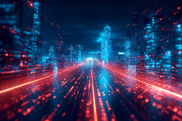 Obraz premium Future metropolis with glowing cybernetic highways and digital data connections in a vibrant cityscape