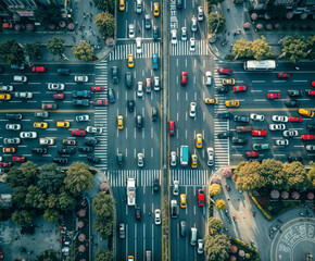 Vista aérea panorâmica de uma metrópole agitada durante a hora do rush, com ruas congestionadas e pedestres apressados. imagem sobre urbanismo, mobilidade urbana, planejamento urbano