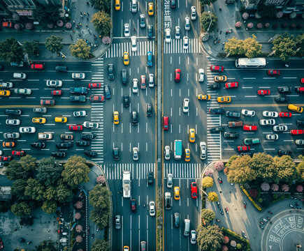 Vista a&eacute;rea panor&acirc;mica de uma metr&oacute;pole agitada durante a hora do rush, com ruas congestionadas e pedestres apressados. imagem sobre urbanismo, mobilidade urbana, planejamento urbano