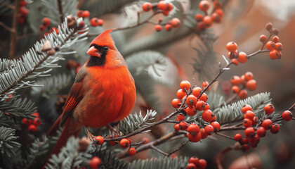 Close-up of a red cardinal bird perched on a branch with berries creating a vibrant and festive winter scene