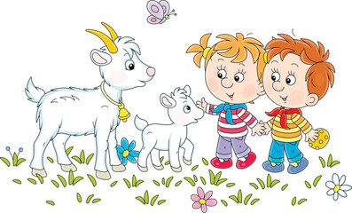 Little boy and girl treating a cute small goatling with a tasty cookie in a flower field on a summer vacation, vector cartoon illustration isolated on a white background