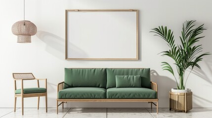 Modern Interior Mockup: Stylish Sofa and Wooden Chair with Flower Arrangement and White Poster in 3D Rendered Illustration